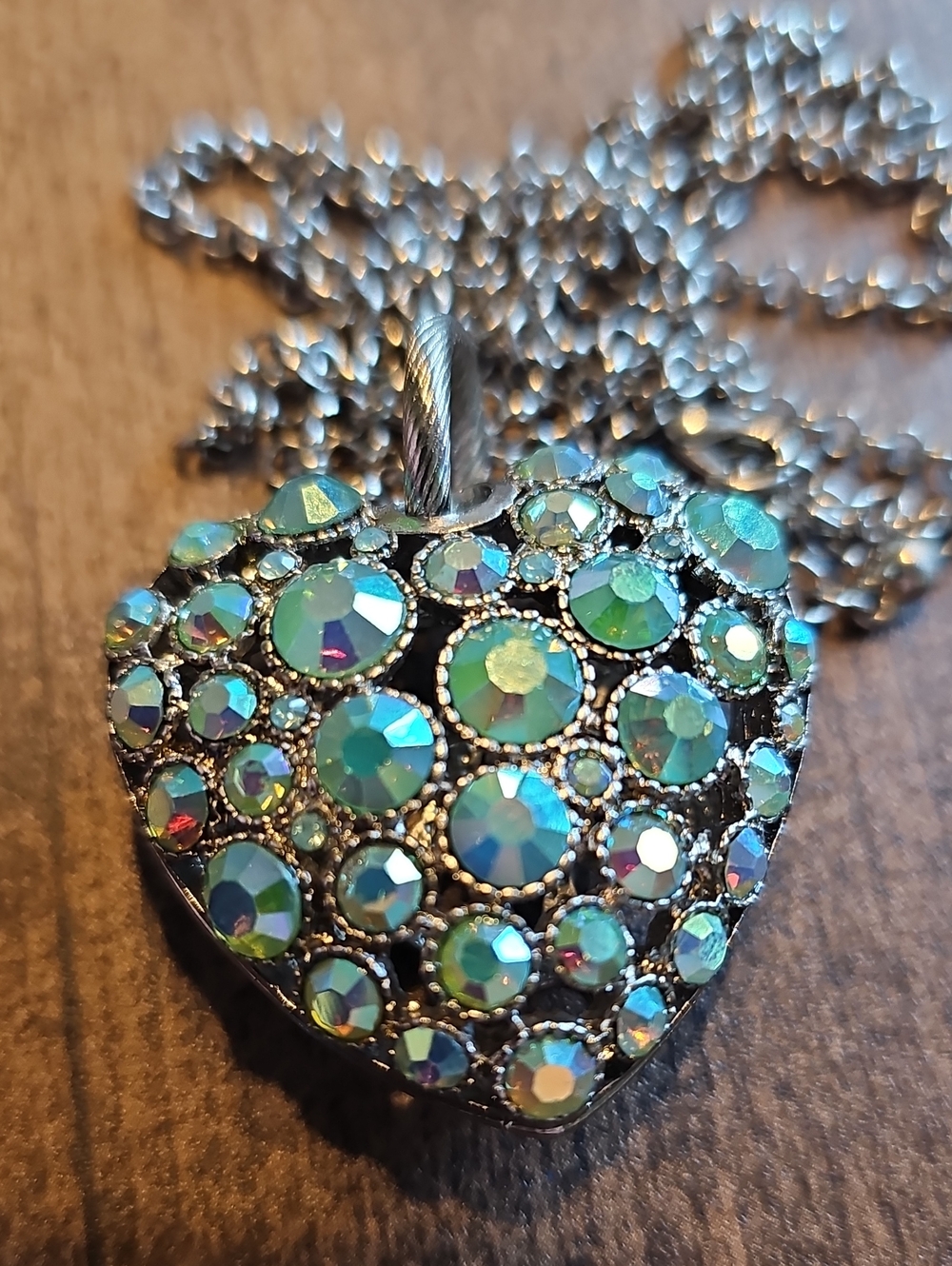 Heart Pendant Necklace with Iridescent Green Crystals
